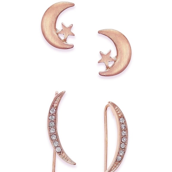 ROSE TONE MOON & DROP PAVE CRYSTAL EARRINGS SET - Picture 1 of 7